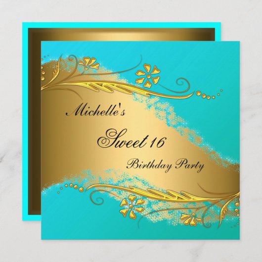 Sweet 16 Gold Turquoise Elegant Invitation (Devant / Derrière)