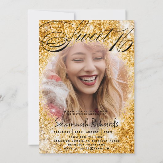 Sweet 16 Gouden Glitter & Fotofeest Kaart (Voorkant)