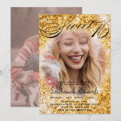 Sweet 16 Gouden Glitter & Fotofeest Kaart (Voorkant / Achterkant)