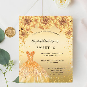 Sweet 16 gouden jurk bloemen budget uitnodiging