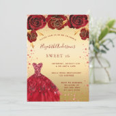 Sweet 16 gouden rode glitterjurk glamoureus kaart (Staand voorkant)