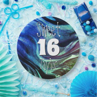 Sweet 16 Green & Blue Marble Personalized Papieren Bordje