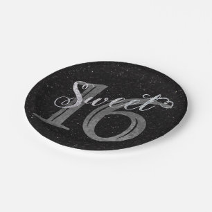 Sweet 16 Grey Grunge en Faux Silver Glitter Papieren Bordje