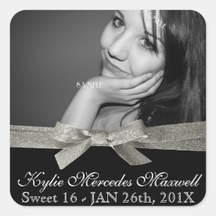 Sweet 16 grote foto met zilveren glitter lint vierkante sticker