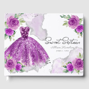 Sweet 16 Guest Book Silver Paarse Gown Floral Gastenboek