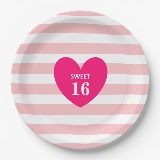 Sweet 16 Heart op roze en gestripte papierplaat Papieren Bordje (Voorkant)