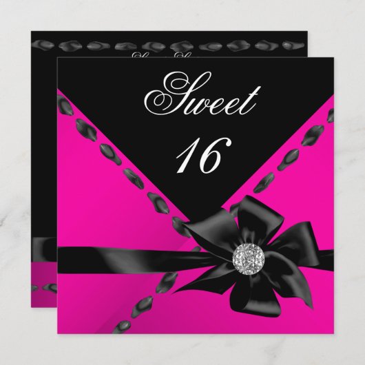 Sweet 16 Hot Pink Bow Black Birthday Party Kaart (Voorkant / Achterkant)