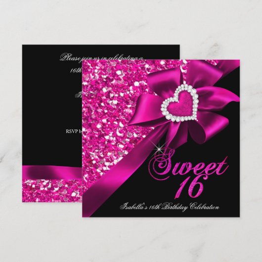 Sweet 16 Hot Pink Heart Bow Black Party Kaart (Voorkant / Achterkant)