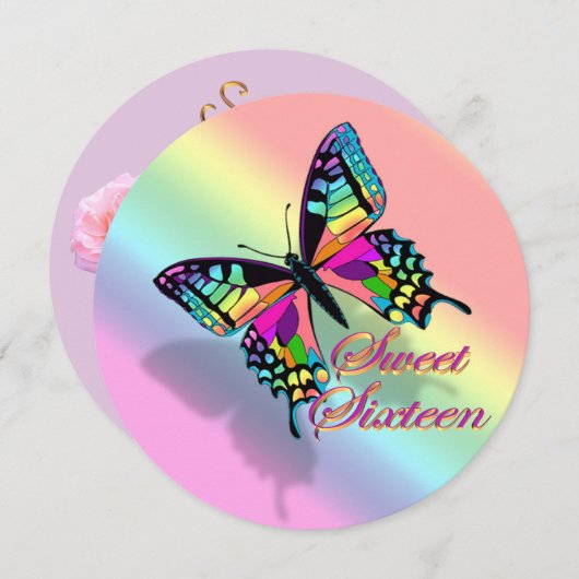 Sweet 16 invitation arc-en-ciel et papillon (Devant / Derrière)