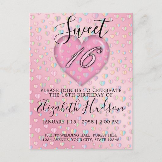 Sweet 16 Invitation avec Coeur Rose et Speckles (Devant)