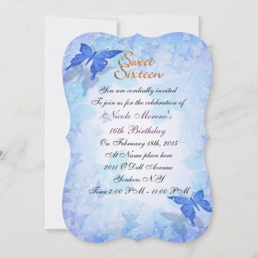 Sweet 16 invitation Blue butterflies Kaart (Voorkant)