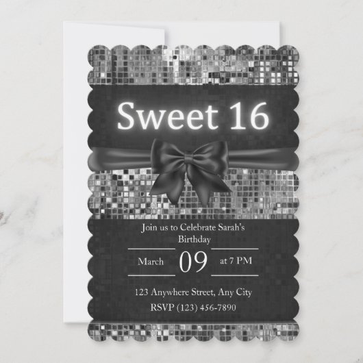 Sweet 16 Invitation - Bow noir et argent (Devant)