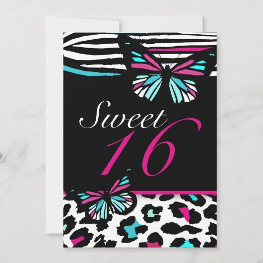 Sweet 16 Invitation Bright Butterfly & Zebra Print (Devant)