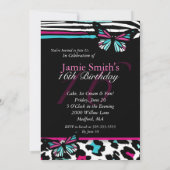 Sweet 16 Invitation Bright Butterfly & Zebra Print (Dos)
