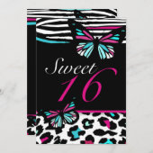 Sweet 16 Invitation Bright Butterfly & Zebra Print (Devant / Derrière)