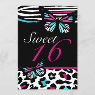 Sweet 16 Invitation Bright Butterfly & Zebra Print