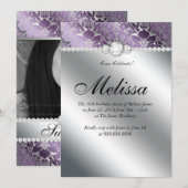 Sweet 16 Invitation Floral Damask Paars Silver Kaart (Voorkant / Achterkant)