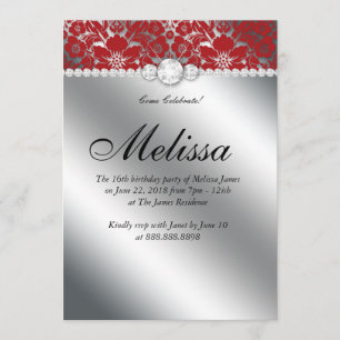 Sweet 16 Invitation Floral Damask Rouge Argent