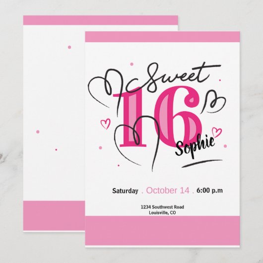 Sweet 16 Invitation Fuchsia rose 16e anniversaire (Devant / Derrière)