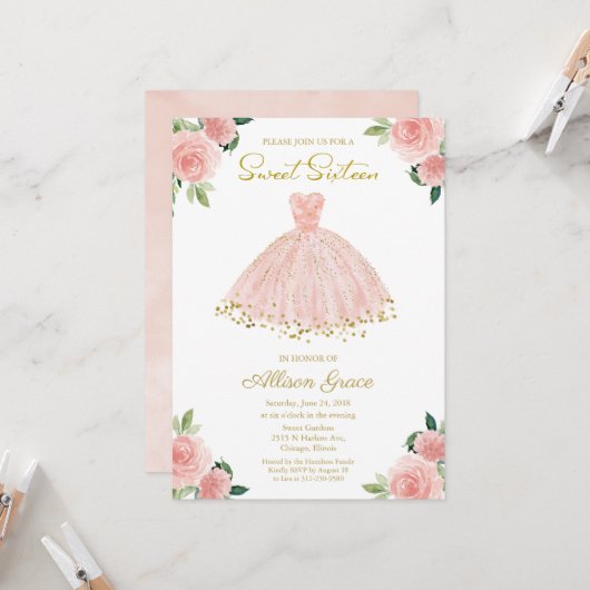 Sweet 16 Invitation Gold Foil Rose Blush Gown (Devant/Arrière en situation)