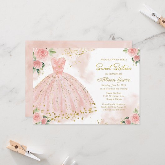 Sweet 16 Invitation Gold Foil Rose Blush Gown (Devant/Arrière en situation)
