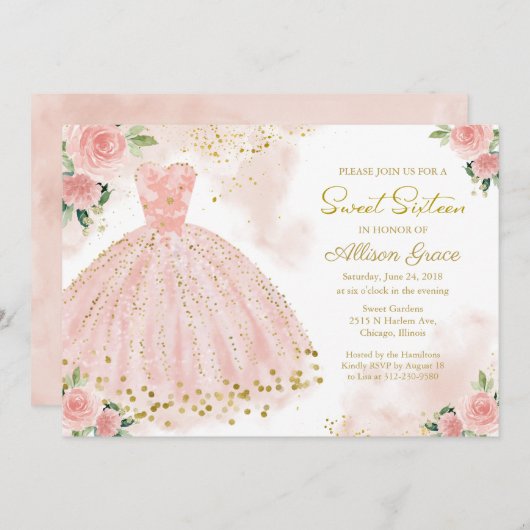 Sweet 16 Invitation Gold Foil Rose Blush Gown (Devant / Derrière)