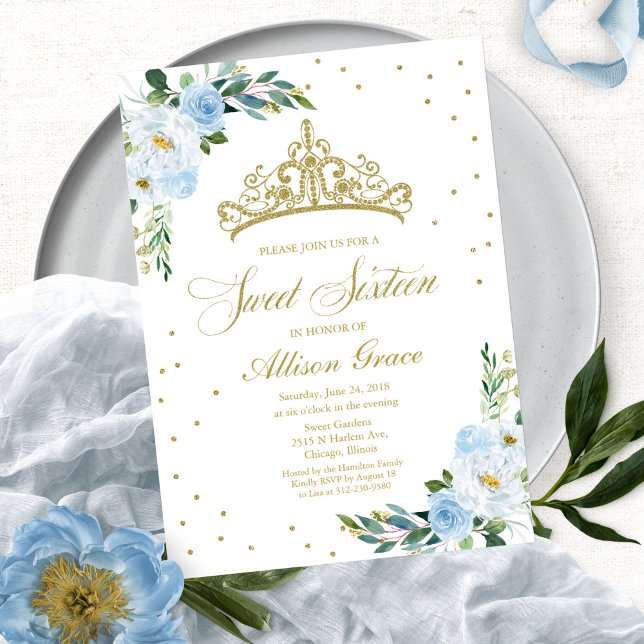 Sweet 16 Invitation Gold Tiara Dusty Blue Floral (Créateur téléchargé)