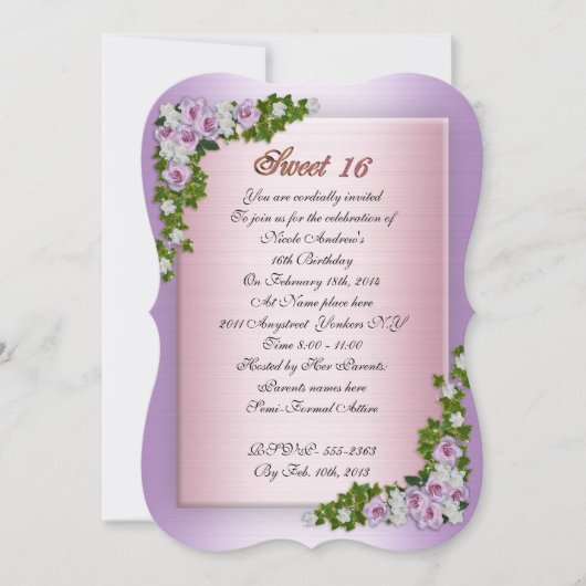 Sweet 16 Invitation Lavender roses et lierre (Devant)