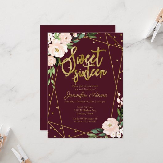 Sweet 16 Invitation Or Bourgogne Blush Floral (Devant/Arrière en situation)