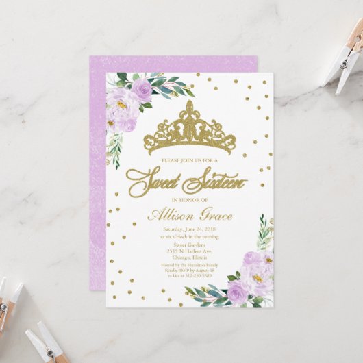 Sweet 16 Invitation Or Tiara Lavender Floral (Devant/Arrière en situation)