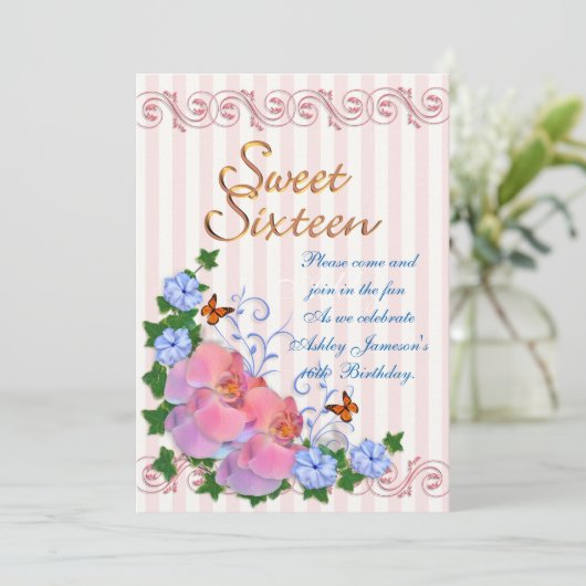 Sweet 16 invitation orchidées et rayures (Debout devant)