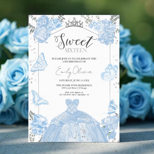 Sweet 16 Invitation | Papillon Robe Bleue Dusty
