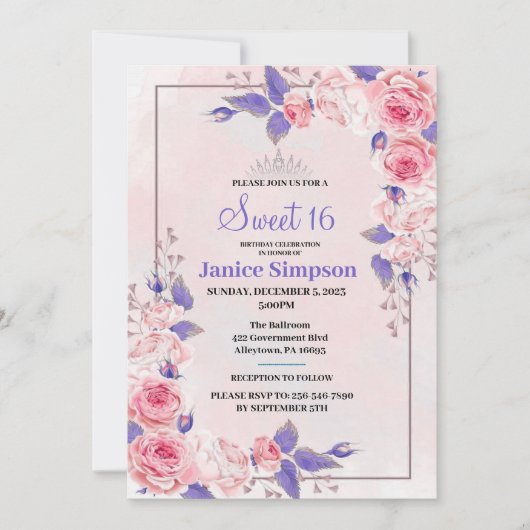 Sweet 16 invitation rose rose et violet (Devant)