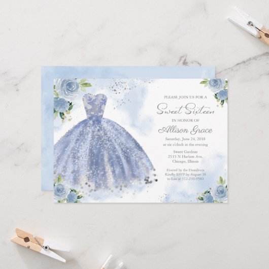 Sweet 16 Invitation Silver Foil Dusty Blue Gown (Devant/Arrière en situation)