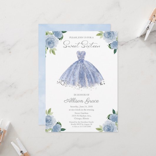 Sweet 16 Invitation Silver Foil Dusty Blue Gown (Devant/Arrière en situation)