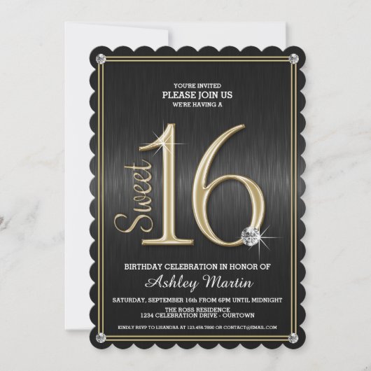 Sweet 16 Invitations Black/Gold Metallic Party (Devant)