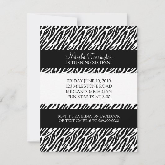 Sweet 16 Invitations de fête d'anniversaire {Zebra (Dos)