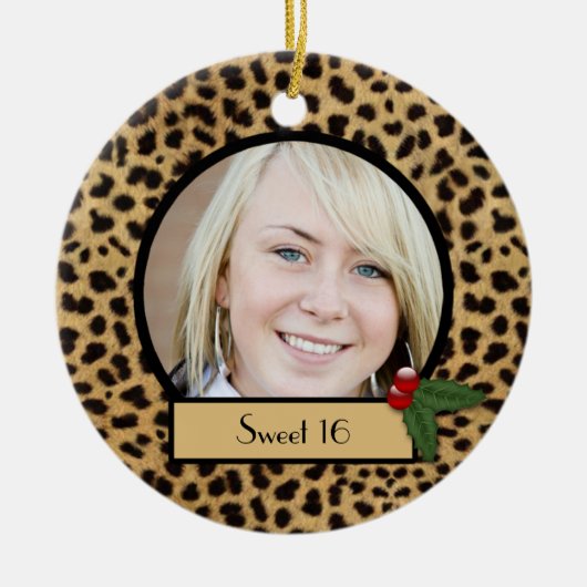 Sweet 16 kerstversiering met luipaard keramisch ornament (Voorkant)