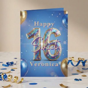 Sweet 16 Koningsblauw Gouden Glitter Ballon Verjaa Kaart
