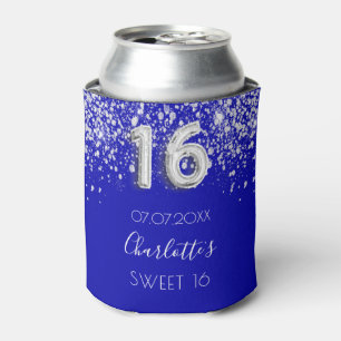 Sweet 16 koninklijk blauw zilveren glitters stof n blikjeskoeler