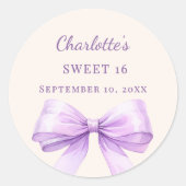 Sweet 16 lavender bow ivory ronde sticker (Voorkant)