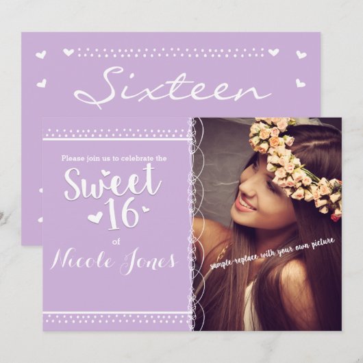 SWEET 16 Lavender Purple Party Photo Invitation (Devant / Derrière)