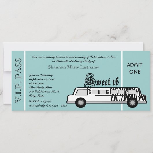 Sweet 16 Limo Party Pass Kaart (Voorkant)
