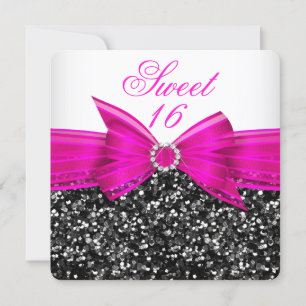 Sweet 16 Luxe Glitter Hot Pink Bow Black White Kaart