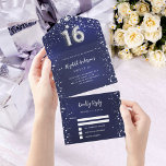 Sweet 16 marine bleu argent étoiles rsvp<br><div class="desc">Arrière - plan bleu marine,  décoré d'étoiles. La couleur bleue est inégale. Personnalisez et ajoutez des noms,  des détails de parti,  la date RSVP,  l'adresse et le nom de retour. Le numéro 16 est écrit avec une police de style ballon.</div>