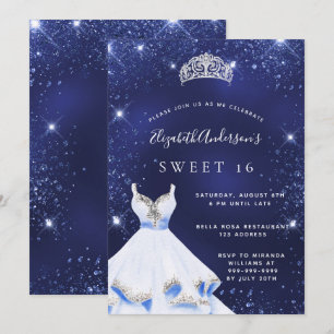 Sweet 16 marineblauw glitter jurk tiara glamoureus kaart