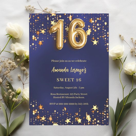 Sweet 16 marineblauw gouden sterren kaart