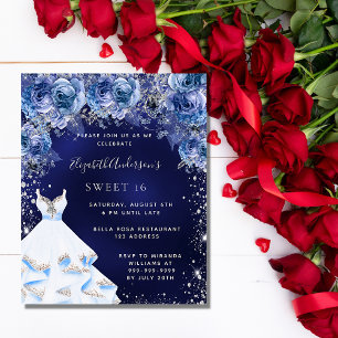 Sweet 16 marineblauwe jurk floral uitnodiging