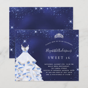 Sweet 16 marineblauwe jurk tiara budget uitnodigin