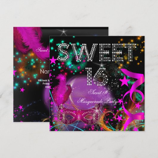 Sweet 16 Masquerade Birthday Party Pink Black Kaart (Voorkant / Achterkant)